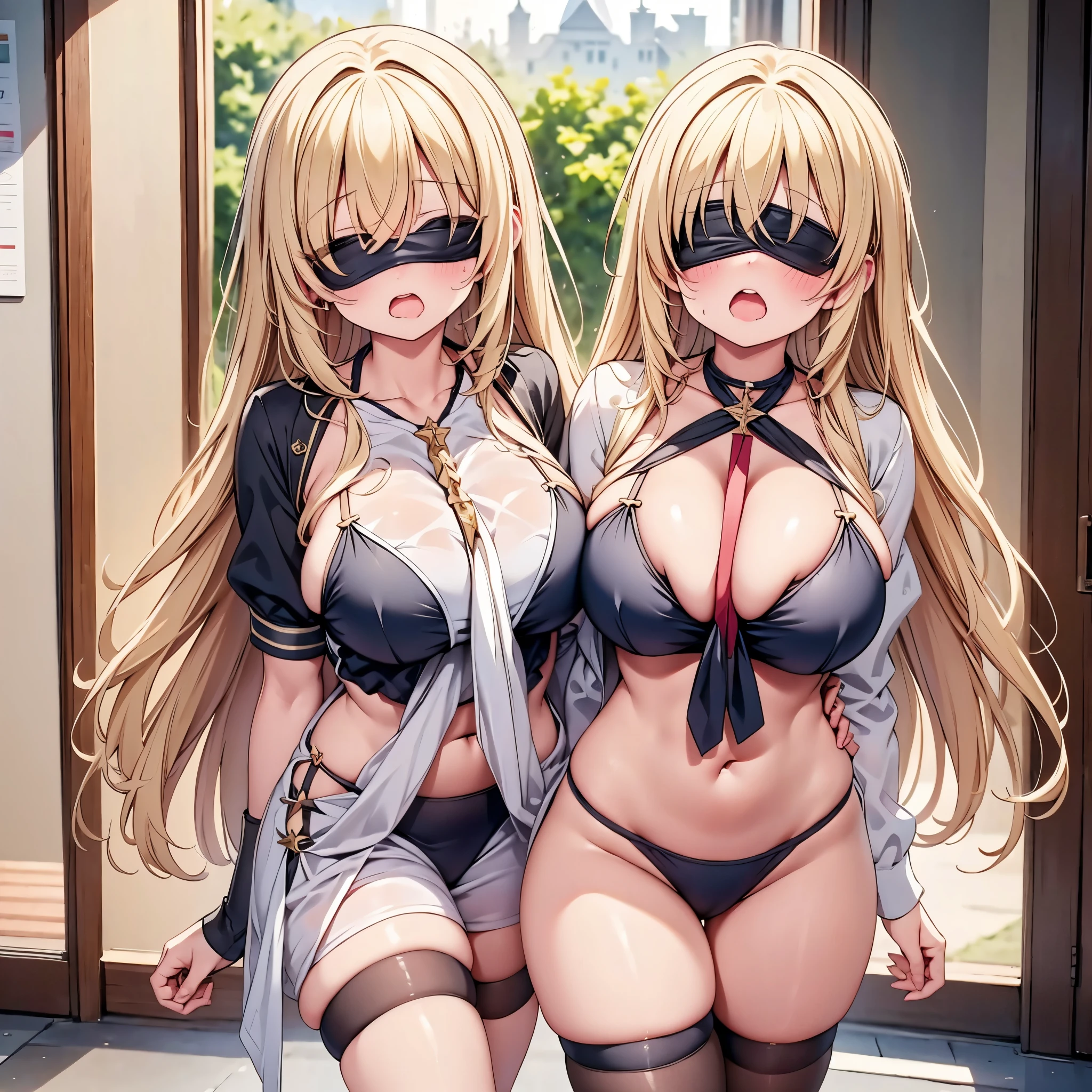 highest quality,wonderful,finely,extremely detailed CG Unity 8K wallpaper, (Stand in line:1.2), (3 girls, blonde, clothed), (huge breasts:1.2), (under boob:1.2),(open mouth:1.1), (long tongue:1.1), (mouth drool:1.1), (black stockings:1.1),(Thighs:1.2),(Waistline:1.2),(black blindfold, blindfold:1.5)