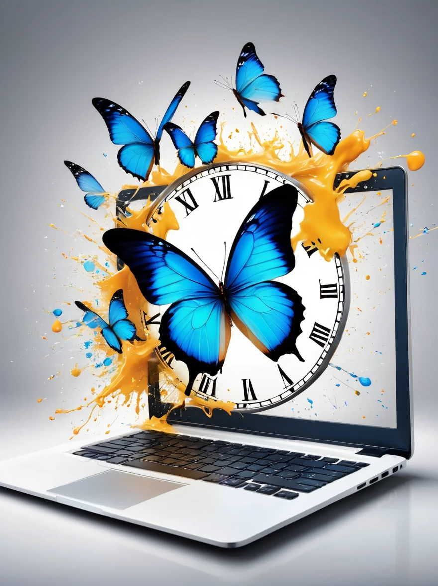 The clock on the laptop screen is ticking，hyper-realistic illustration，Splash of Color，blue butterfly，Speed and movement style，The background is displayed in white