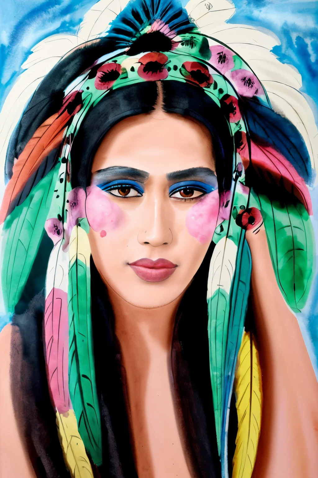 (((best quality))),(((highly detailed))),(((masterpiece))),(((ultra-detailed))),(((illustration))),(((extremely detailed))),((exciting)), Native Indian, 1 Indian girl, whole body, (((Indian feather headdress))), Indian necklace, delicate and beautiful face, graffiti on the face, beautiful eyes, watercolor, splash ink, brown crystal eyes, highlight, tropical plants, macaws,highlight,richpictures,ultraclear,perfect,high-definition,8k