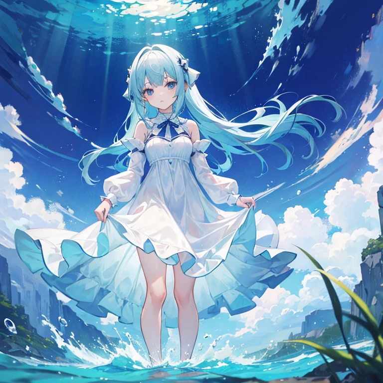 Girl is wearing long puffy dress, is standing halfway in the water, skirt of dress is halfway submerged too.