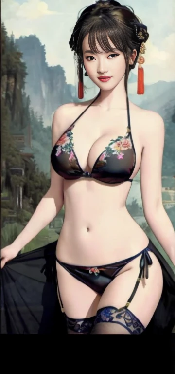 (masterpiece: 1.2), (highest quality: 1.2), (Traditional Chinese Landscape Painting), (watercolor), (One Girl), (Exquisitely embroidered Chinese costume with , big 房, big is depicted), (A decorative micro bikini that shows off cleavage bey, Exposed arms, belly button, Thighs), (Gr stockings accentuate the legs), (A smile graces she face), (Look directly at the audience).
The masterpiece painting in highest quality showcases a girl wearing an exquisitely embroidered Chinese costume with big breasts, big 房, big