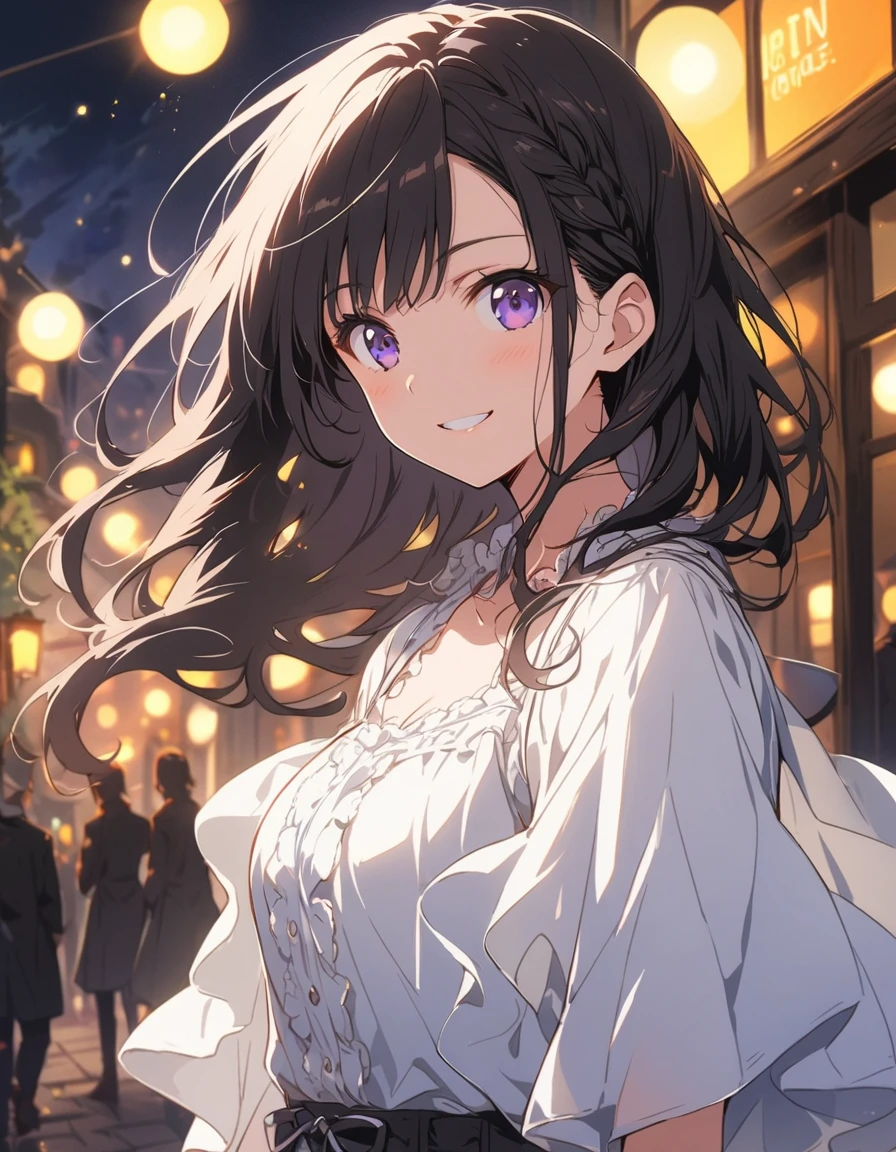 highest quality,, One girl, woman,(Smiling), Mid-chest, (bright), (Professional Lighting, Bokeh), (street), Braided bangs, (blouse:1.5), (I wore:0.8), nice, bloom, Floating Hair, (Dynamic pose:0.6) , Soft lighting, Gorgeous Western-style garden、(highest quality、masterpiece、High resolution、detailed)、animeスタイル、Flat Style、(Shine目、detailed美しい顔), BREAK,1 girl、floating, (High saturation), (Shine), Focus on the face,extremely detailed、Dynamic Angle、anime
