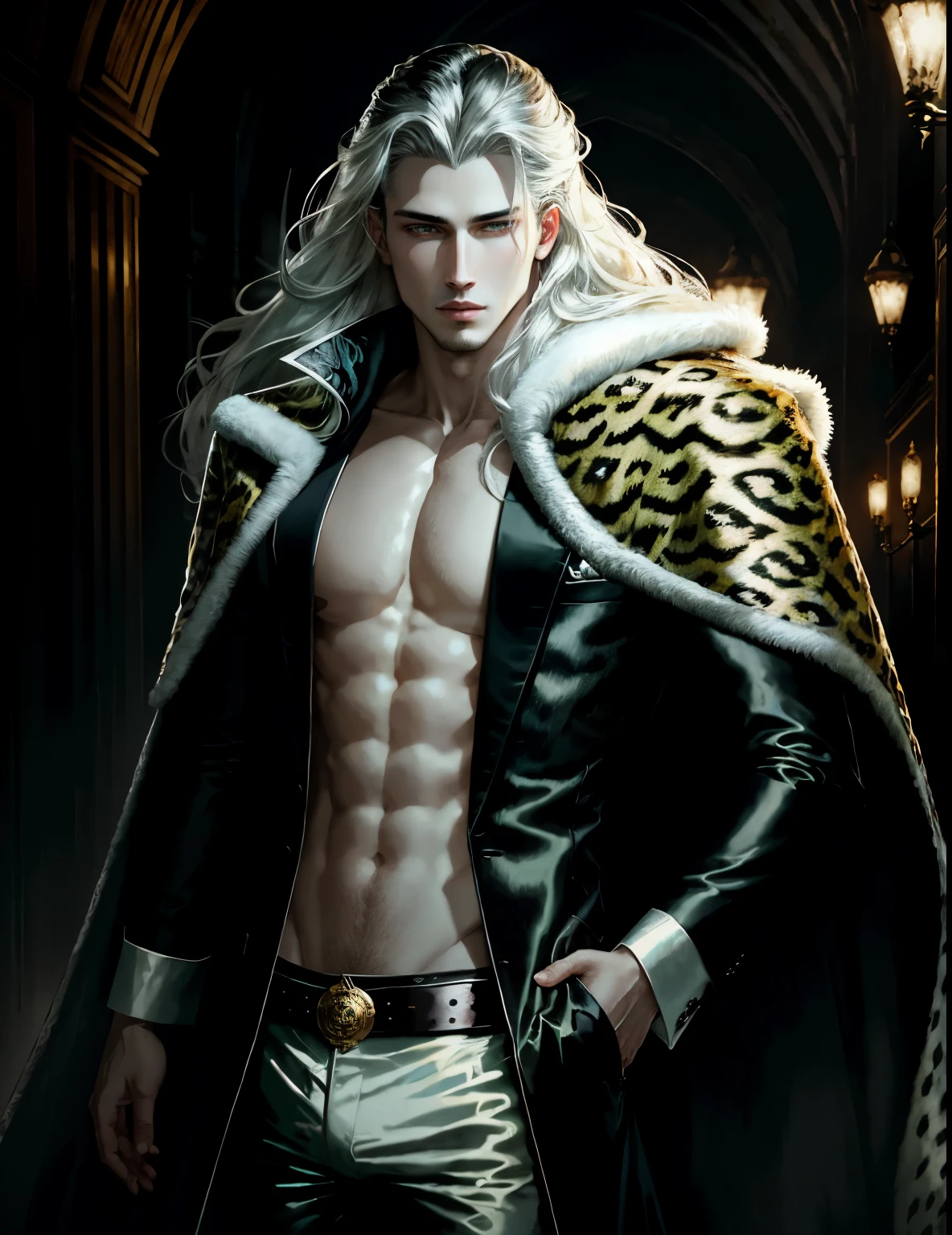 (absurdres, highres, ultra detailed), 1man, adult, handsome, tall,, finely detailed eyes and detailed face, black leather pants, no shirt, open chest, night, smile, dutch angle, ((long white hair)), (((wolf ears))), wolf white tail, moon, forest, black horns in his head, silver details, earrings, black chocker, gothic, dark, black simple dress, looking at the view, pale skin, yellow detailed eyes, eyeliner, dog collar, (((open chest))), leather jacket, intense eyes, ((((open mouth))))