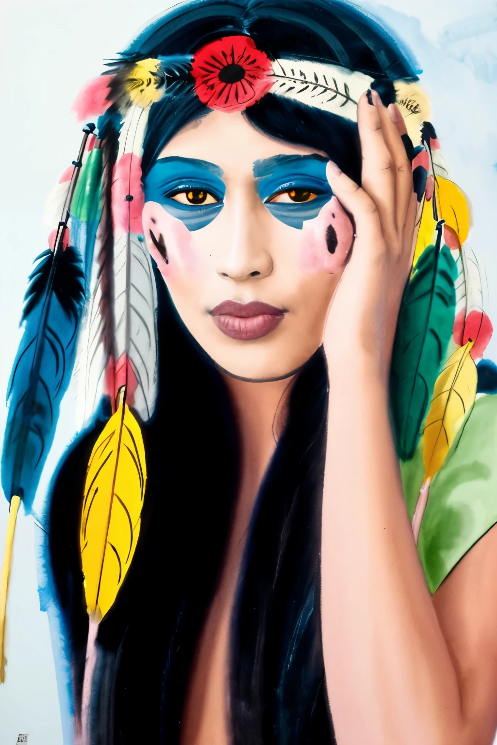 (((best quality))),(((highly detailed))),(((masterpiece))),(((ultra-detailed))),(((illustration))),(((extremely detailed))),((exciting)), Native Indian, 1 Indian girl, whole body, (((Indian feather headdress))), Indian necklace, delicate and beautiful face, graffiti on the face, beautiful eyes, watercolor, splash ink, brown crystal eyes, highlight, tropical plants, macaws,highlight,richpictures,ultraclear,perfect,high-definition,8k 