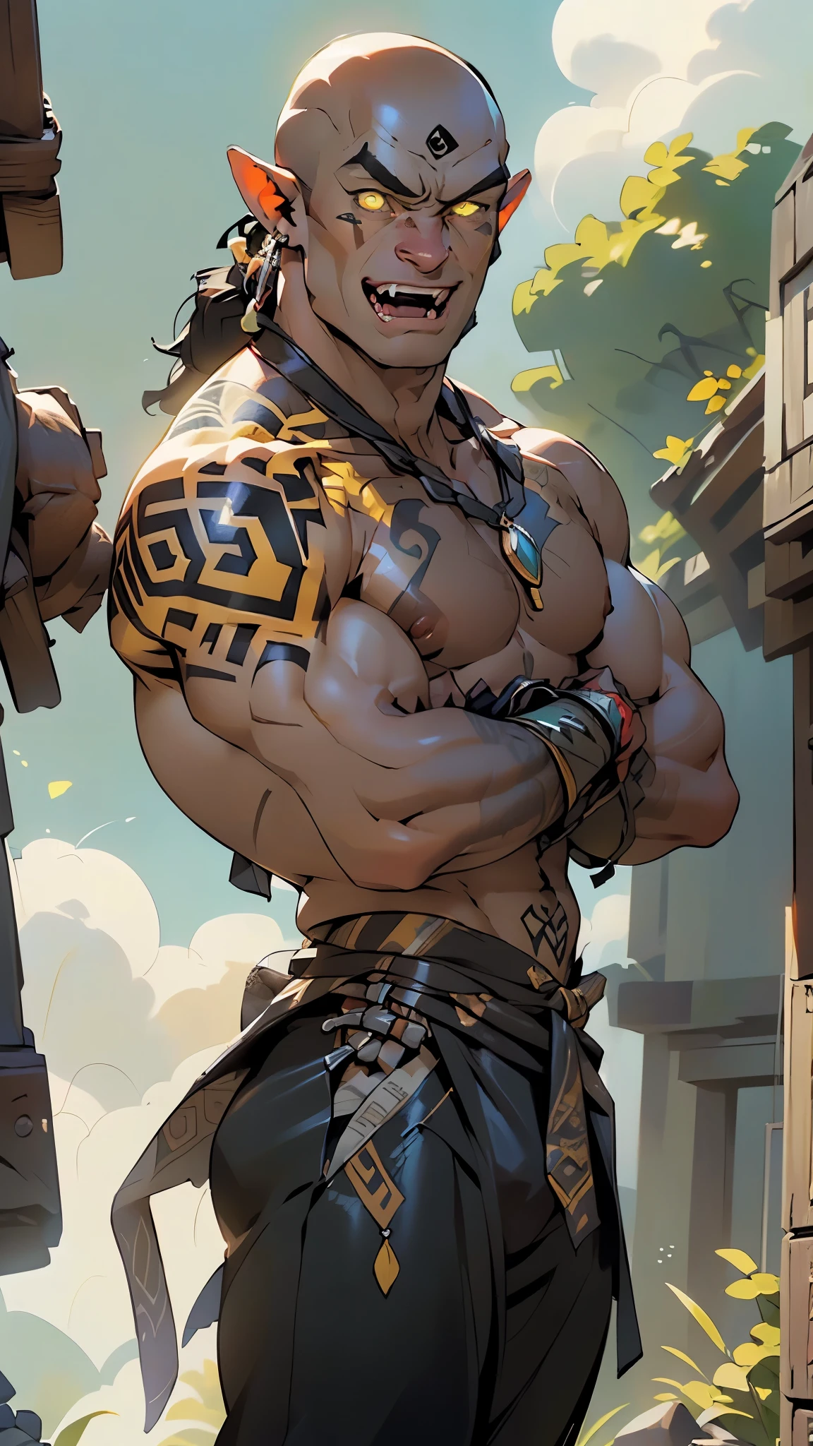 ((orc,orc male)),((((black race)))),((pointy ears)),(male:1.5),muscle,1boy,big muscle,pectoral,big pectoral, muscular,Mature man,man,adult,1 man,old macho man,an extremely detailed face,(((yellow_eyes:1.3))),intricate eyes,beautiful detailed eyes,symmetrical eyes,perfect face, ((detailed face)), ((athletic)),((muscular:1.5)),((toned body))
1 black man,tall,huge ,strong,black ,30 year old,tall and muscular,athletic body build,(((hairless, bald))),
((((tan,dark skin:1.5,black skin:1.5,ebony skin,lustrous skin:1.5,bright skin: 1.5,shiny skin,very shiny skin,shiny body)))),
angry,((nsfw)),
((muscle legs,muscular thighs,muscular man,strong and muscular,muscular,huge stature,tall stature,very tall male,(ABS:1.1))),male orc,Orc man,Strong physique,the fit,((arm muscles,leg muscles)),(bulky:1.2)),(((fangs:1.5))),((prominent fangs protruding from their jaws)),((a broad flattened nose)),((expression is usually fierce and wild)),
((orc helmet,helmet that covers head and face)),(((bare chest,naked torso))),(black linen tunic, himation),((bulge in tunic)),((chains)),(earrings),(loincloth),(exposed navel),(((elaborate and intricate tattoo,tribal tattoos))),((tribal clothes:1.5)),(barbarian fur crop top),(wearing brown furs and hides),(leather straps),(((red war paint all over his body)))),((intricate outfit,intricate clothes)),(((intricate outfit,intricate clothes,ornate outfit))),
(dynamic pose:1.0),(centered,scale to fit dimensions,Rule of thirds),
((battlefield)),with dark stormy clouds,scenery:1.25,intricate scenery,((battlefield background)),
(Glossy tribal ornaments),highres,sharp focus,(ultra detailed,extremely detailed),(photorealistic artwork:1.37),(extremely detailed CG unity 8k wallpaper),(((vibrant colors,vibrant theme))),(intricate),(masterpiece),(best quality),artistic photography,(photography taken by sldr),(intricate background),perfect rendered face,perfect face details,realistic face,photo realistic,((intricate detail)),(((realism))),