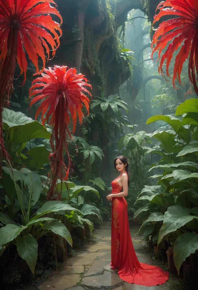 (masterpiece, best quality:1.2), 1girl, solo,ezh,ezh suit,fullbody,smile,sexy,thing gap,cameltoe,solo:2,anatomy correct:2, standing before a massive plant screen adorned with a landscape carving, showcasing intricate details of mountains, rivers, and nature. The lady, exuding elegance and grace, is framed by the grandeur of the plant screen, which serves as a majestic backdrop that enhances the scene's visual appeal and cultural significance. The contrast between the lady's presence and the elaborate plant artwork creates a striking composition that highlights the beauty of both the natural and artistic elements in the photograph,realistic,ruby,Anatomically correct, smile,beautiful, background is A plant sculpture depicting a serene landscape
