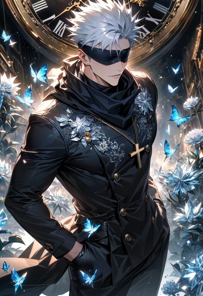 Ultra detailed, Highres, HDR, absurdres, master piece, Gojou Satoru, white hair, blindfolded eyes, black scarf, black leather long coat with patterns, black pants, black tight shirt, sexy man, extremely handsome, solo, extremely detailed face, Jujutsu Kaisen, cross necklace, black gloves, clock, glittering ice, ice glittering butterflies, ice flowers,
