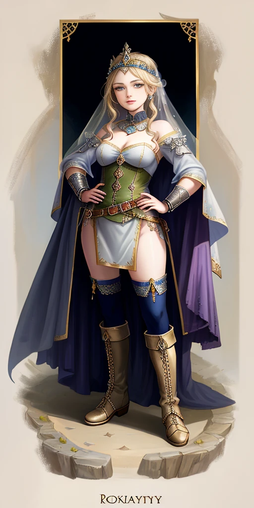 full body of a woman in a dress with a veil, feet together, standing feet together, military boots, beautiful fantasy maiden slave warrior, beautiful fantasy art portrait, fantasy victorian art, medieval fantasy art, beautiful and elegant queen Roxxane, portrait of queen of light, fantasy portrait art, gothic fantasy art, a beautiful fantasy empress, ((white background)) hands on hips