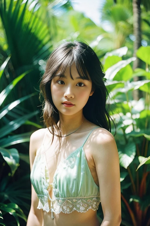 {best quality}, {{masterpiece}}, {very delicate and beautiful}, outstanding light and shadow, highly detailed wallpaper, clear and bright sunlight, 1 girl, thin, prone, staring at the sky, delicate, messy hair, realistic skin texture, , tropical rain forest, toned waist