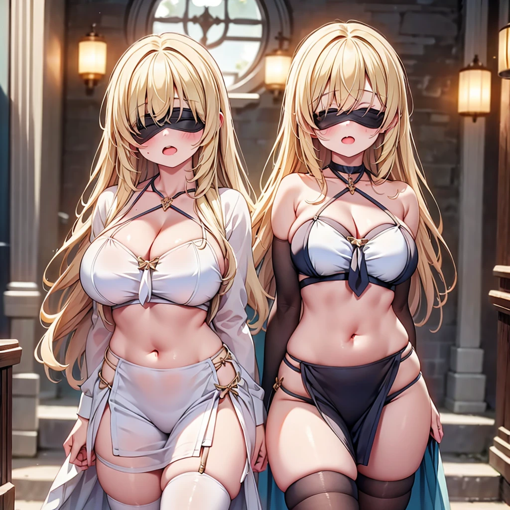 highest quality,wonderful,finely,extremely detailed CG Unity 8K wallpaper, (Stand in line:1.2), (3 girls, blonde, clothed), (????????????:1.2),  (cleavage cutout:1.2), (Underboob:1.2), (crop top navel:1.2), (open mouth:1.1), (long tongue:1.1), (mouth drool:1.1), (black stockings:1.1),(Thighs:1.2),(Waistline:1.2),(black blindfold, blindfold:1.5)