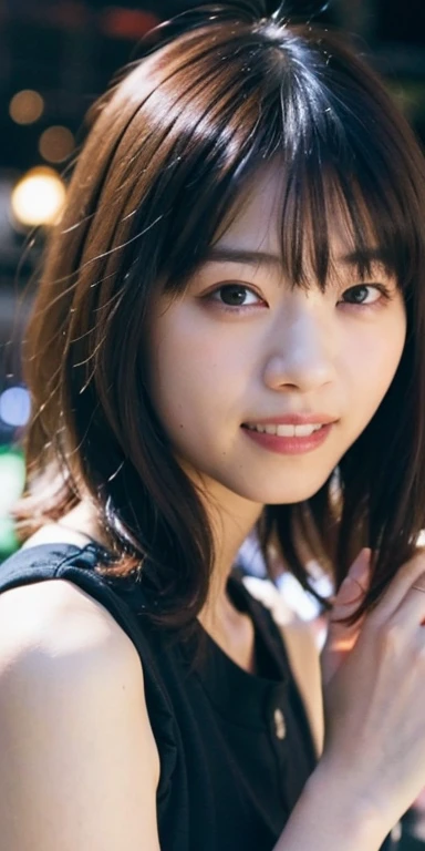 One girl, Tokyo Street,night, Cityscape,City lights,Upper Body,close,smile,, (8k, RAW Photos, highest quality, masterpiece:1.2),(Realistic, photo-Realistic:1.37),