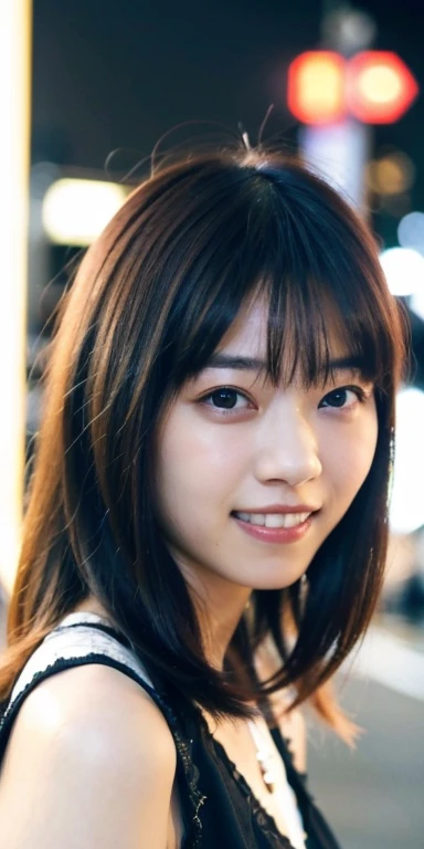 One girl, Tokyo Street,night, Cityscape,City lights,Upper Body,close,smile,, (8k, RAW Photos, highest quality, masterpiece:1.2),(Realistic, photo-Realistic:1.37),