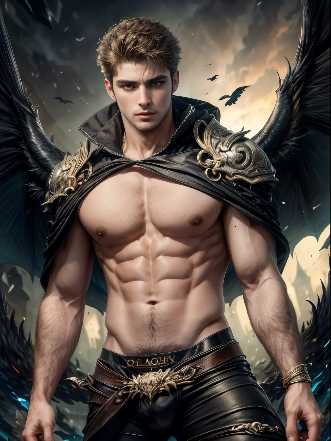 ((obra de arte, melhor qualidade, high resolution)) A handsome man with black demon wings, olhos vermelhos, Orelhas pontudas, muscular