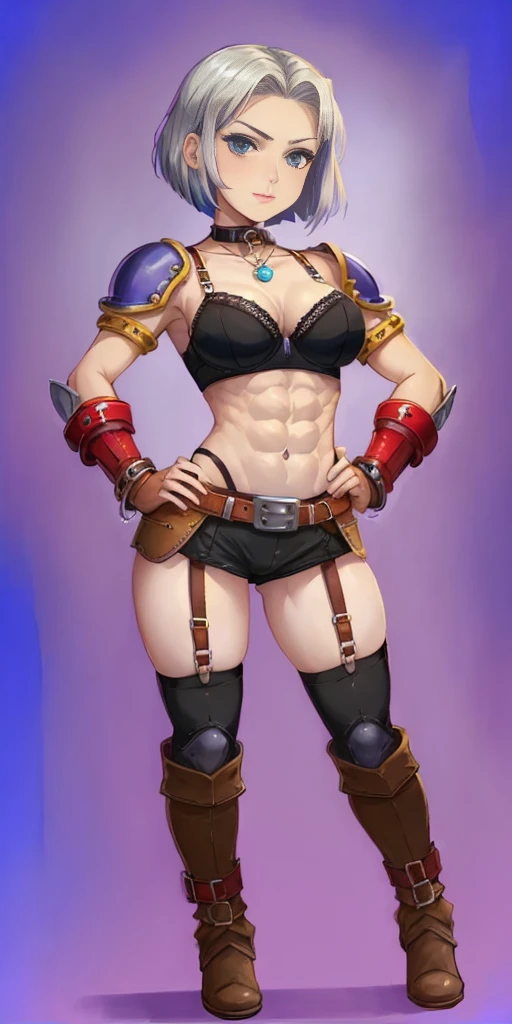 ((Plain background 1:2)) (Cammy White Street Fighter white silver short bob haircut) Female full body standing straight symmetrical looking to the viewer RED full body armored (handcuffs, shackles, rerebrace, faulds, poleyn, gauntlets, leather collar choker, gloves, gauntlets, high boots bootstraps, black stockings) 2 crossing big belt under belly button, navel, abs, garter straps belts attaching bra ((hands on hips)) view from below, wide hips