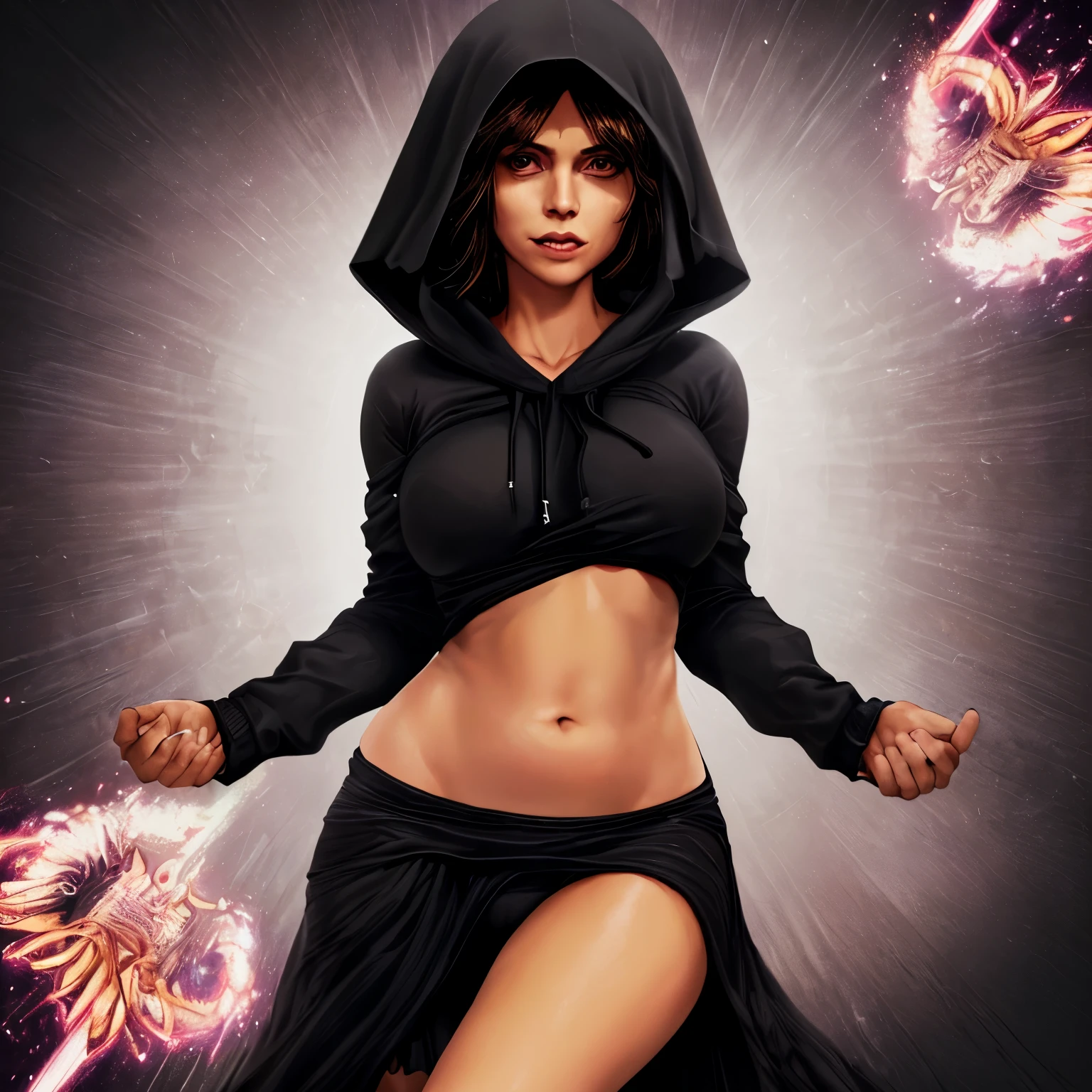 high resolution, mujer adulta , buena iluminacion, Despreciable, , (desnudez), (((sudadera negra))), (()), ((())), (liguero), solo abdomen, (),  ,  cara linda, I&#39;Estoy avergonzado y sonrojado, humillante, ((turn around and look back)), ((transparente))()(espalda en T)(hay una gran cantidad en el cuerpo,)