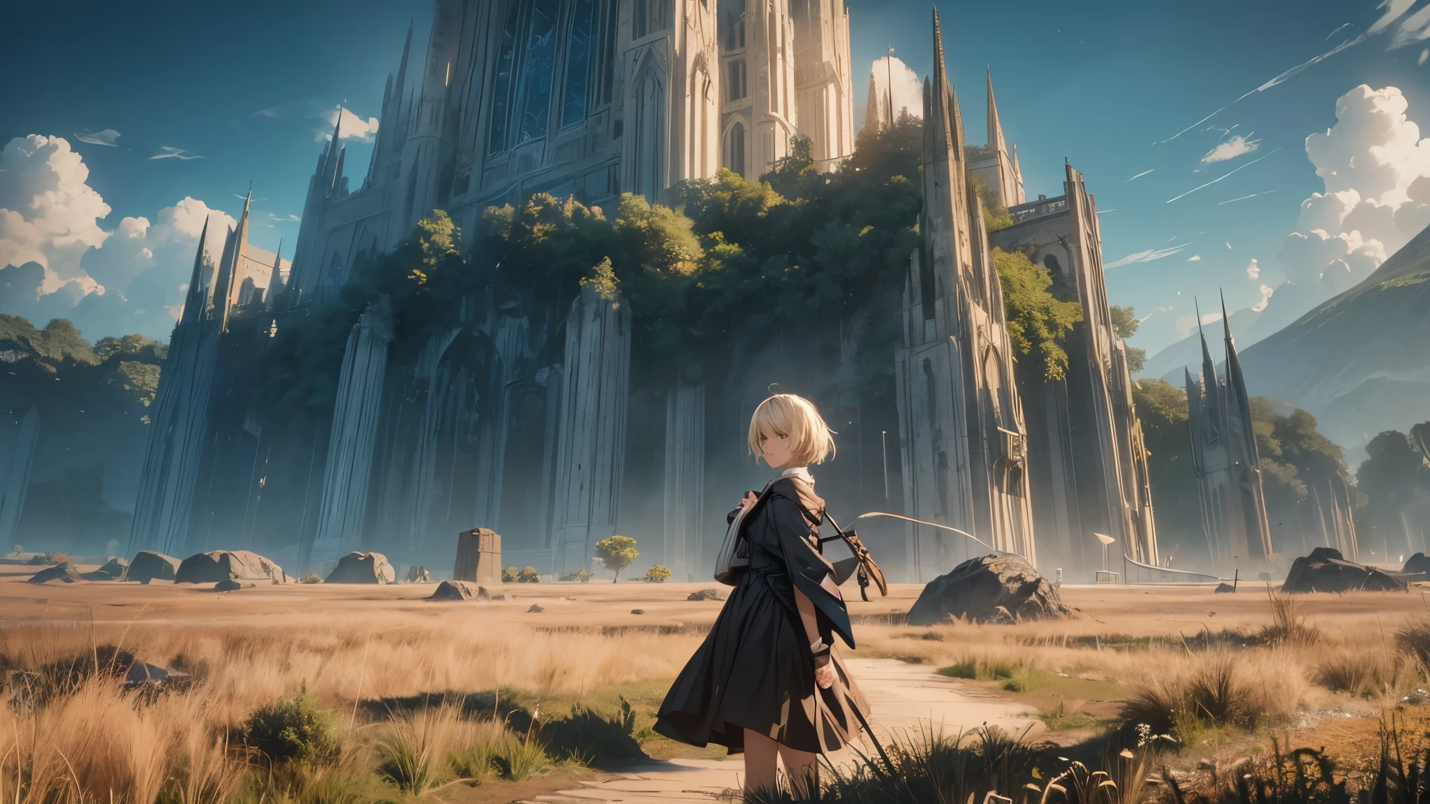 (best quality,4k,8k,highres,masterpiece:1.2),ultra-detailed,realistic,photorealistic:1.37, HDR,UHD,studio lighting,ultra-fine painting,sharp focus,physically-based rendering,extreme detail description,professional,vivid colors,bokeh,girl,lonely,((dark sky, giant glass land, ruined, vast grassland)),no one, blond short hair, girl in her twenties