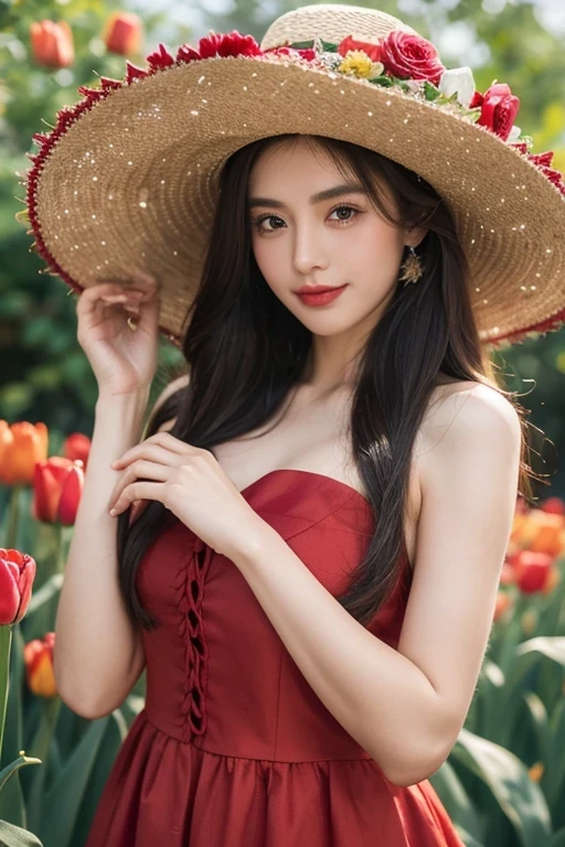best quality, A woman in a flower red dress and hat., Ella es Mexicana, Mexican, skull, melee, catrina Hermosa mujer Mexicana, Vaquero Mexicano, 8k)), Inspired by Sim Sa Jung, Folclore Mexicano, Folklore, traditional suit, wear a hat, tulip background, sexy, smile, dynamic pose, studio shot, (1.4)