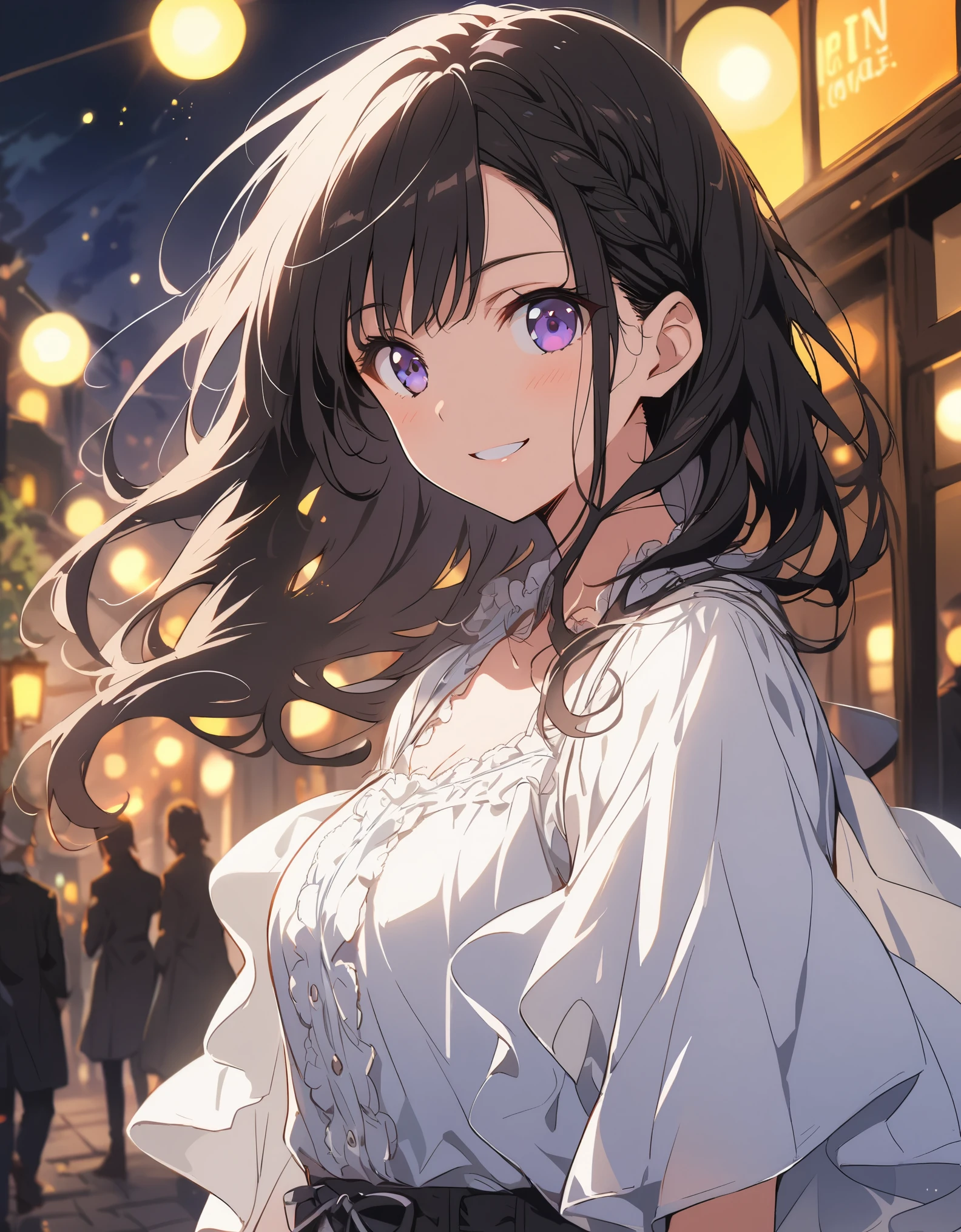 highest quality,, One girl, woman,(Smiling), Mid-chest, (bright), (Professional Lighting, Bokeh), (street), Braided bangs, (blouse:1.5), (I wore:0.8), nice, bloom, Floating Hair, (Dynamic pose:0.6) , Soft lighting, Gorgeous Western-style garden、(highest quality、masterpiece、High resolution、detailed)、animeスタイル、Flat Style、(Shine目、detailed美しい顔), BREAK,1 girl、floating, (High saturation), (Shine), Focus on the face,extremely detailed、Dynamic Angle、anime
