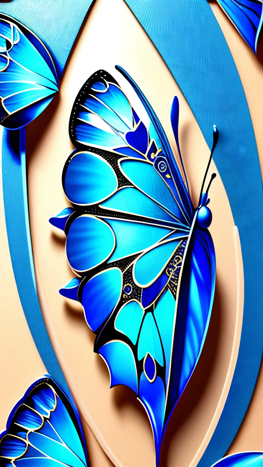 best quality, super fine, 16k, incredibly absurdres, extremely detailed, delicate, flashy and dynamic depiction, intricately drawn blue butterfly wings, all-blue artwork, gradients, line art, iridescence, petal frames