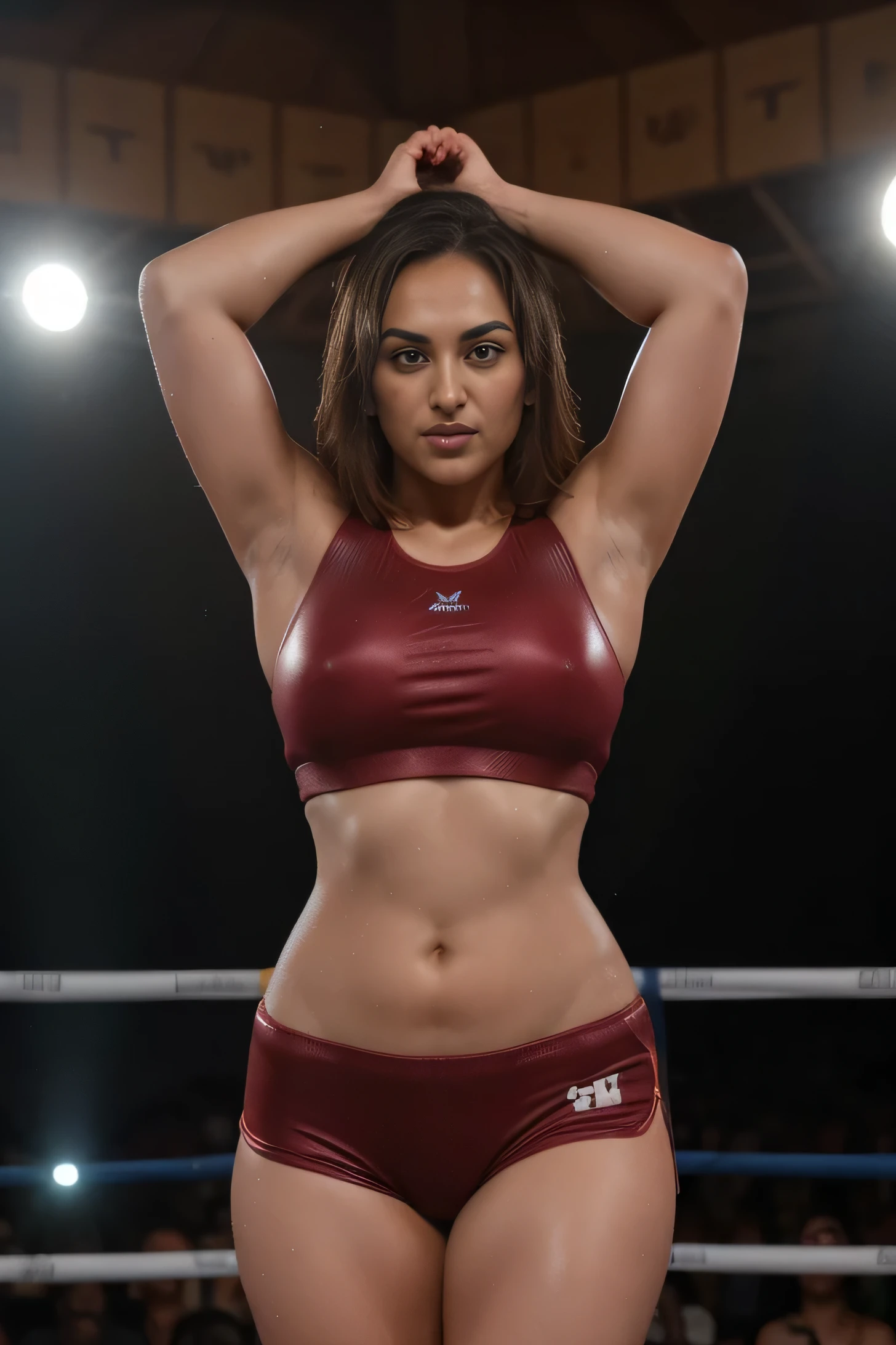 Looks like Sonakshi Sinha,wearing boxing gloves,amber boxing gloves,boxing ring,sweaty,tired,exhausted,arms raised,both arms up,boxing gloves on both hands, intricate details, (ArtStation:1.2),armpits,sweat,sweaty,sweaty armpits,arms up,showing armpits,awesome armpits,eyeroll,maroon outfit