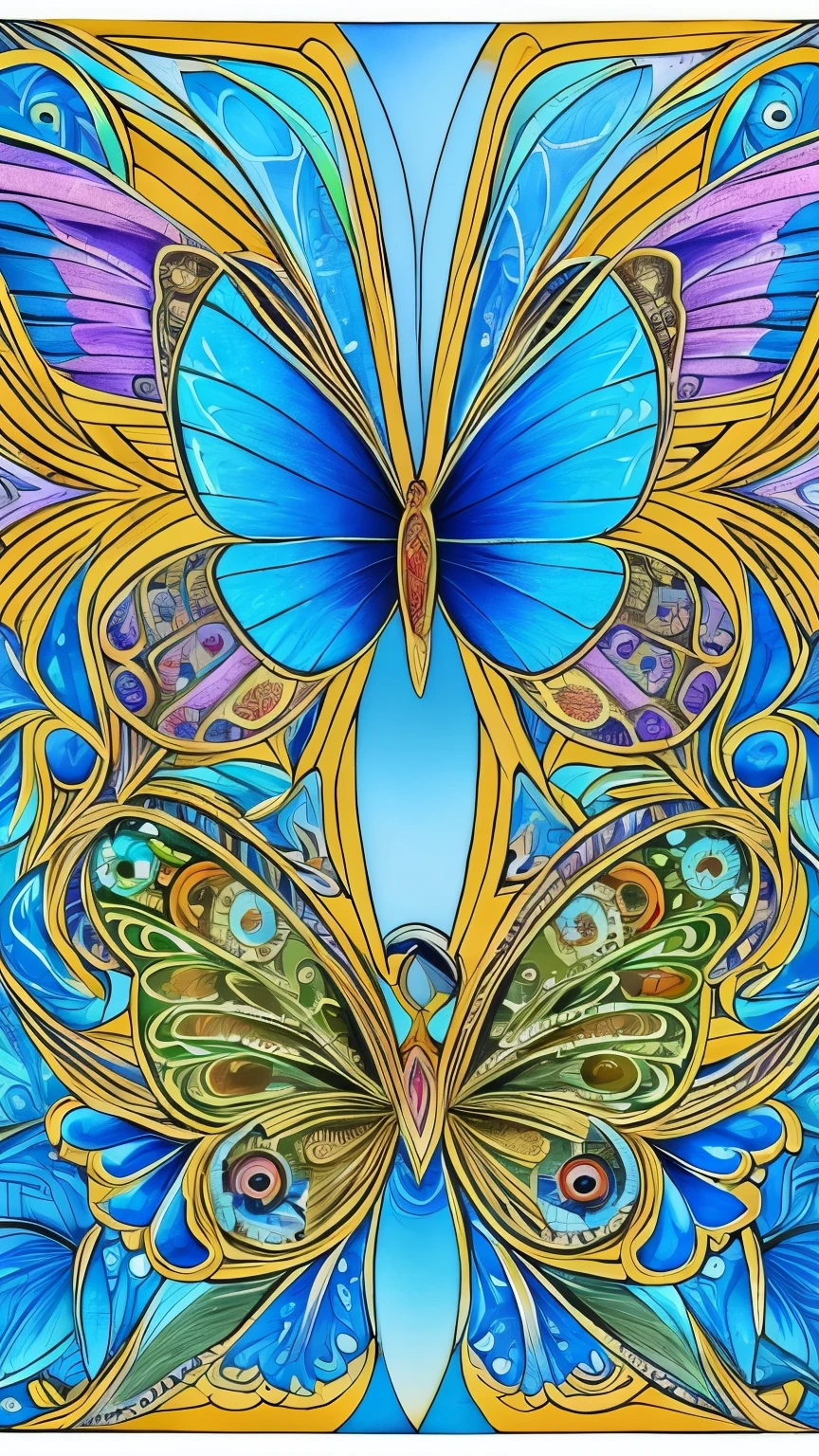 best quality, super fine, 16k, incredibly absurdres, extremely detailed, delicate, flashy and dynamic depiction, intricately drawn blue butterfly wings, all-blue artwork, gradients, line art, iridescence, petal frames