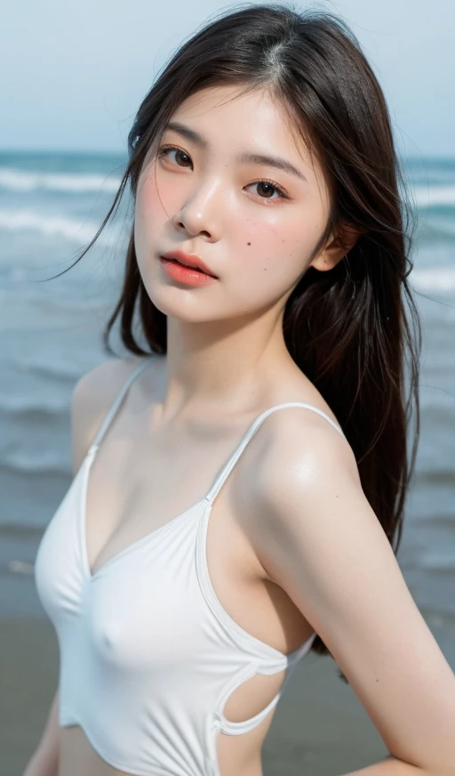 A superb exquisite real beautiful girl, natural straight hair, extremely delicate, straight facial features, peerless beautiful girl, soft, dreamy quality, light white and dark brown, exaggerated facial features, solid color, frank holly, delicate face, bright lips slightly open, slender waist, soft curves, (slingshot swimsuit:1.2), real light and shadow, super fine, 4k, natural moving, realistic, Ultra high resolution, at the beach,(professional model pose:1),(from below)