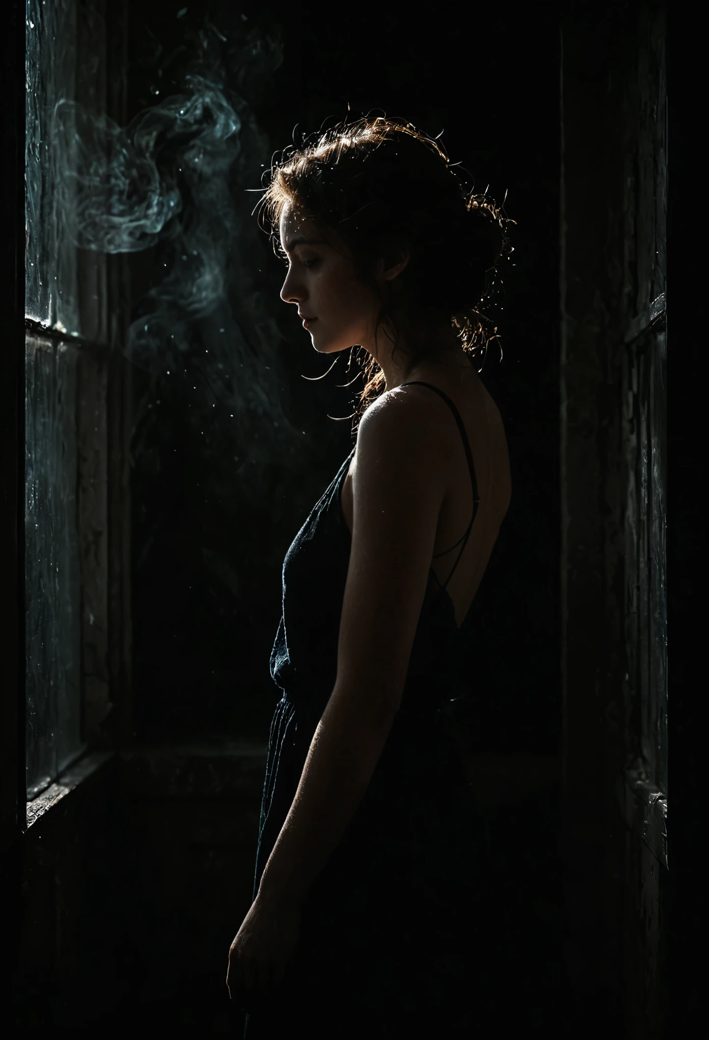 artistic photography,style of Paul Barson,full shot,depth of field,turn_one's_back,darkness atmosphere,
1girl,full body,dreamlike,looking_outside,huge filesize,