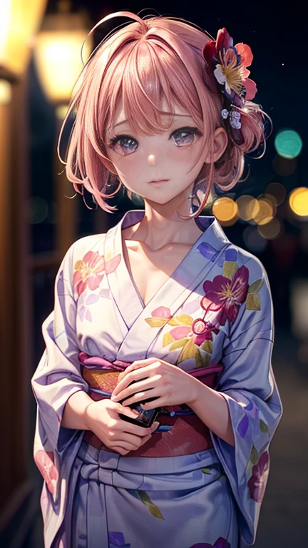 (masterpiece, highest quality:1.4), Beautiful Face, 8k, 85mm, Absurd, (Floral Yukata:1.4), Face close-up, violet, Gardenia, Delicate girl, alone, night, View audience, Upper Body, Film Grain, chromatic aberration, Sharp focus, Face Light, Professional Lighting, Sophisticated, (smile:0.4), (Simple Background, Bokeh Background:1.2), detailed aspects,(((Showing one nipple:0.57))),((Very young and small:1.2),(Pink hair with flowers:1),((Show your vagina:1.5)),(Cum flowing from the vagina),(Remote control vibrator in the vagina),(Flowing Tears),
