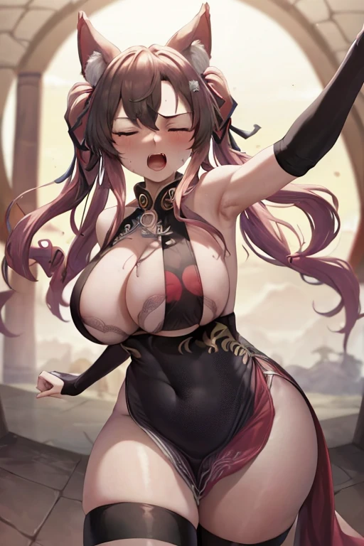 masterpiece, best quality, beautiful art, high resolution, well formed hands, body and fingers, 1 woman, solo, Imaizumi Kagerou, wolf ears and wolf tail, grown up, adult, big breasted, cleavage, full body,  wearing a Bremerton kung Fu cruiser outfit, ???? and skimpy chinese dress , gorgeous legs and thighs, , ryona ,   in peril, she is slapped in the face and being beaten up by her opponent, knocked down, being slammed against the floor, receiving the impact of her opponent's attacks, closed eyes, screaming in pain and agony, ryona and perilous scene, bouncing ???????, weak and helpless, martial arts tournament on the beach 