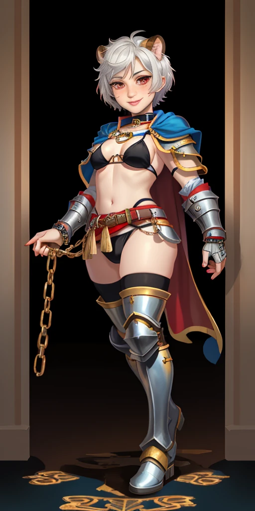 Masterpiece, (flat black background:1.2) solo, detailed face, intricate iris, thick lips, robot girl, (gold and white skin), realistic illustration of a (cyborg girl), (RED eyes), IvoryGoldAI, (freckles),(holding BREATHTAKING:1.2), (gold and white armor:1.2), (looking at viewer:1.2), parted lips, standing straight symmetrical, looking at viewer, lustful smirking smile face red blushed red cheeks, thick thighs, thigh highs, thigh, boots, armor, armored boots, full body armor, bikini armor, big breastplate, pauldron, bracers, leather black choker, tiger claws gloves, short bob white haircut, meted, metal shoulders, red long loincloth, longest blue cape reach to the waist, shackles and chains wristbands