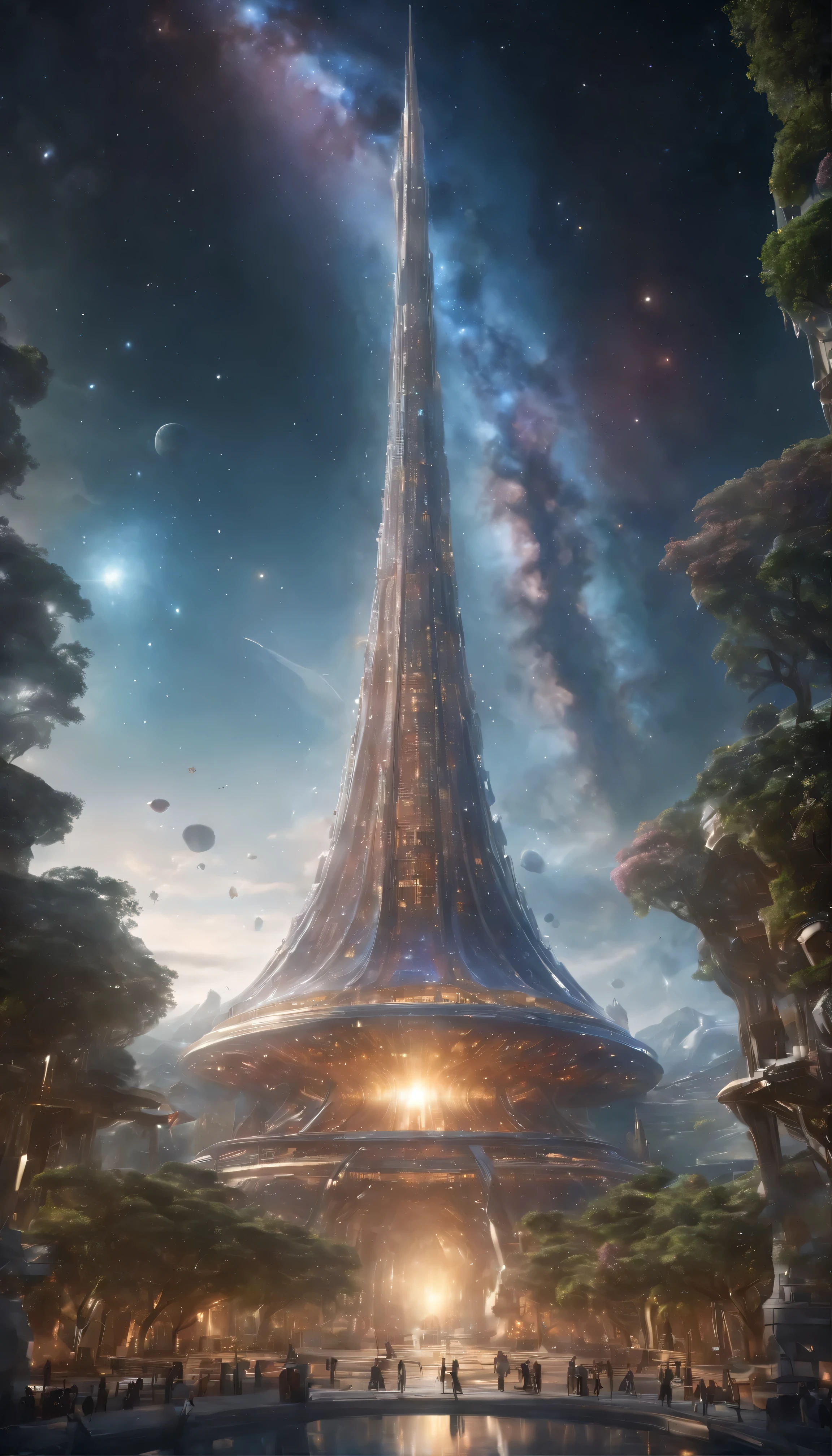 The ultimate sci-fi fantasy tower at the center of the universe、A breathtaking view unfolds。The towering, intricately designed structure shines in the colors of the rainbow、It spreads into the infinite universe。3D facets cover all surfaces、Each line and angle is perfectly defined.、Create ultra-realistic and detailed masterpieces。At the center of this magnificent universe、There is a majestic structure with wings。Its metallic luster、Reflecting the airy light particles swirling in the atmosphere、It flows down its surface in fascinating patterns.。The complex design of the structure、It demonstrates the ultimate fusion of technological capabilities.