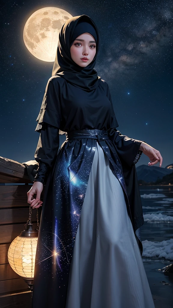 Create a single hyper realistic image of a beautifull hijab girl in an outstanding scene of full moon in a starry night, hyper realistic texture.