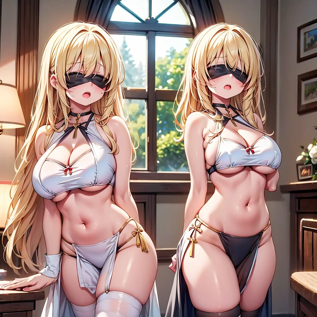 highest quality,wonderful,finely,extremely detailed CG Unity 8K wallpaper, (Stand in line:1.2), (3 girls, blonde, clothed), (huge breasts:1.2), (cleavage cutout:1.4), (Underboob:1.4), (crop top navel:1.4), (open mouth:1.1), (long tongue:1.1), (mouth drool:1.1), (black stockings:1.1),(Thighs:1.2),(Waistline:1.2),(black blindfold, blindfold:1.5)