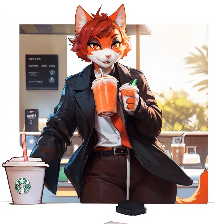 ((nsfw, A female anthropomorphic orange and white cat with red short hair and orange eyes drinking a smoothie in my right hand, in a Starbucks coffee shop)), hentai, , anthro, solo, tall, shortstack , angle, looking at viewer, background, extremely detailed, photorealistic, 3d render, high quality digital art, smug grin, detailed eyes ,henati , good anatomy, good perspective, towards viewer, by bebebebebe, by sicklyhypnos, by gerkk, by orf, (by by cutesexyrobutts, by darkgem, by zackary911, (by by singafurian, by daftpatriot, sassy, cute, early 20s, detailed face, handsome, slightly chubby , face, detailed mouth, hentai style, nsfw, show off, close up, A female anthropomorphic orange and white cat with red short hair and orange eyes drinking a smoothie in my right hand, in a Starbucks coffee shop