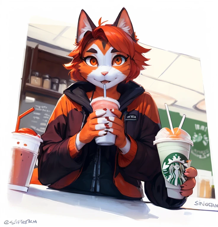 ((nsfw, A female anthropomorphic orange and white cat with red short hair and orange eyes drinking a smoothie in my right hand, in a Starbucks coffee shop)), hentai, , anthro, solo, tall, shortstack , angle, looking  at viewer,  background, extremely detailed, photorealistic, 3d render, high quality  digital art, smug grin, detailed eyes ,henati , good anatomy, good perspective,  towards viewer, by bebebebebe, by sicklyhypnos, by gerkk, by orf, (by  by cutesexyrobutts, by darkgem, by zackary911, (by  by singafurian, by daftpatriot, sassy, cute, early 20s, detailed face, handsome, slightly chubby ,  face, detailed mouth, hentai style, nsfw, show off, close up,   A female anthropomorphic orange and white cat with red short hair and orange eyes drinking a smoothie in my right hand, in a Starbucks coffee shop