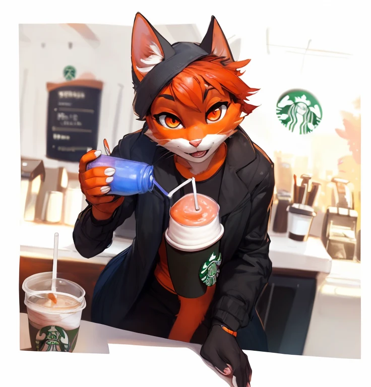 ((nsfw, A female anthropomorphic orange and white cat with red short hair and orange eyes drinking a smoothie in my right hand, in a Starbucks coffee shop)), hentai, , anthro, solo, tall, shortstack , angle, looking  at viewer,  background, extremely detailed, photorealistic, 3d render, high quality  digital art, smug grin, detailed eyes ,henati , good anatomy, good perspective,  towards viewer, by bebebebebe, by sicklyhypnos, by gerkk, by orf, (by  by cutesexyrobutts, by darkgem, by zackary911, (by  by singafurian, by daftpatriot, sassy, cute, early 20s, detailed face, handsome, slightly chubby ,  face, detailed mouth, hentai style, nsfw, show off, close up,   A female anthropomorphic orange and white cat with red short hair and orange eyes drinking a smoothie in my right hand, in a Starbucks coffee shop