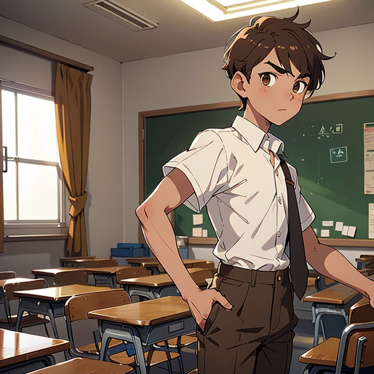 Third plane a boy, white mask,A beautiful slim figure, beautiful figure painting, hair Brown and short, medium eyebrows,  brown eyes,Wearing a white button down shirt Short sleeve , and a long light brown pants, in a classroom 