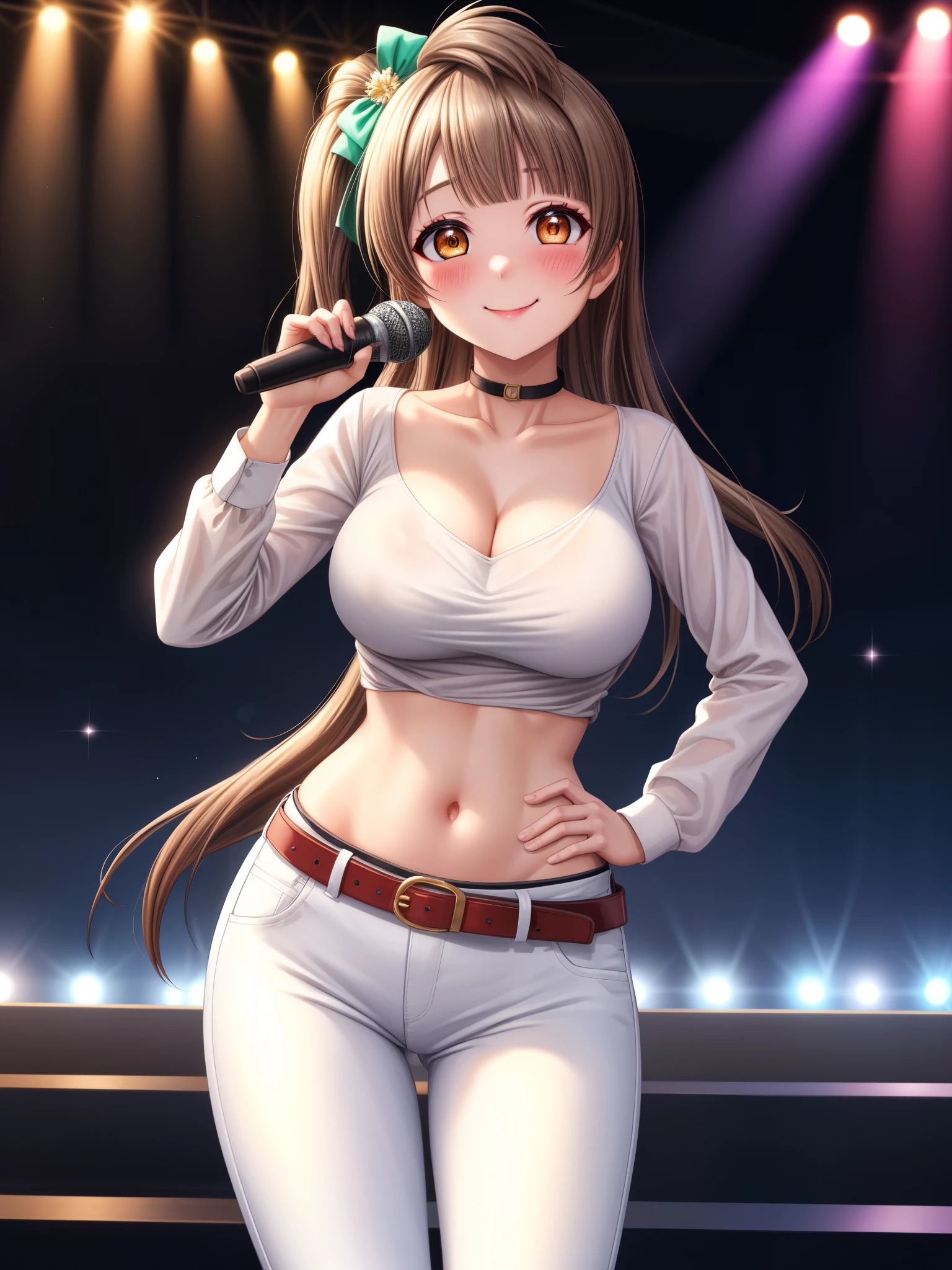 Masterpiece, best quality,Minami kotori,volumetric lighting, illustration, beautiful, tight , Blushing,breasts, blush, smile, bangs, large_breasts, shirt, long_sleeves, navel, holding, cleavage, closed_mouth, standing, collarbone, white_shirt, cowboy_shot, midriff, belt, pants, blunt_bangs, crop_top, hand_on_hip, sparkle, makeup, microphone, straight_hair, wide_hips, contrapposto, white_pants, music, holding_microphone, narrow_waist, cropped_shirt