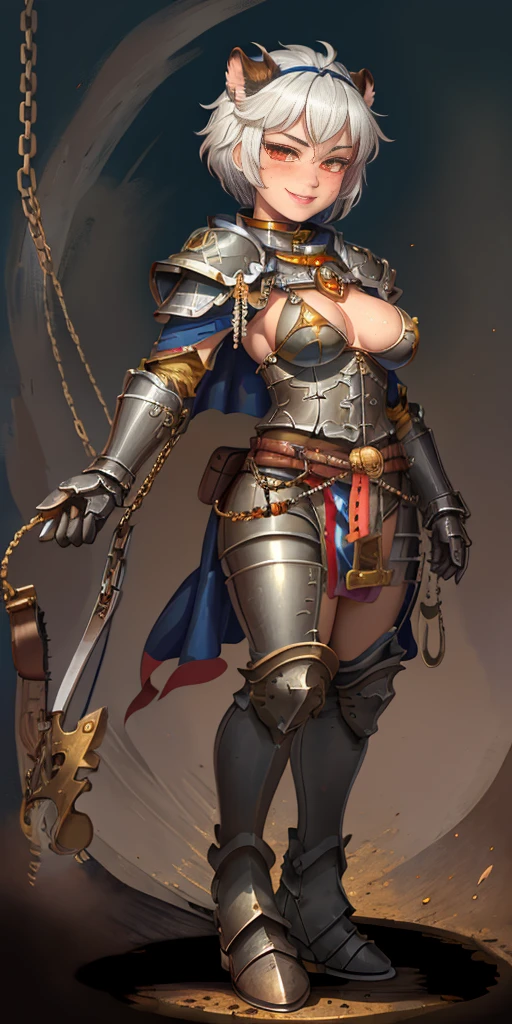 Masterpiece, (flat black background:1.2) solo, detailed face, intricate iris, thick lips, robot girl, (gold and white skin), realistic illustration of a (cyborg girl), (RED eyes), IvoryGoldAI, (freckles),(holding BREATHTAKING:1.2), (gold and white armor:1.2), (looking at viewer:1.2), parted lips, standing straight symmetrical, looking at viewer, lustful smirking smile face red blushed red cheeks, thick thighs, thigh highs, thigh, boots, armor, armored boots, full body armor, bikini armor, big breastplate, pauldron, bracers, leather black choker, tiger claws gloves, short bob white haircut, helmeted, metal shoulders, red long loincloth, longest blue cape reach to the waist, shackles and chains wristbands