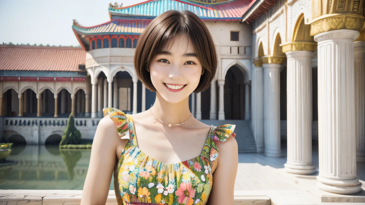 217 Short Hair, 20-year-old woman, A kind smile, Floral, (Colorful Dresses, Luxury palace)