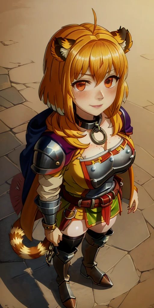Masterpiece, (flat black background:1.2) solo, detailed face, intricate iris, thick lips, robot girl, (gold and white skin), realistic illustration of a (cyborg girl), (RED eyes), IvoryGoldAI, (freckles),(holding BREATHTAKING:1.2), (gold and white armor:1.2), (looking at viewer:1.2), parted lips, standing straight symmetrical, looking at viewer, lustful smirking smile face red blushed red cheeks, thick thighs, thigh highs, thigh, boots, armor, armored boots, full body armor, bikini armor, big breastplate, pauldron, bracers, leather black choker, tiger claws gloves, short bob white haircut, helmeted, metal shoulders, red long loincloth, longest blue cape reach to the waist, shackles and chains wristbands