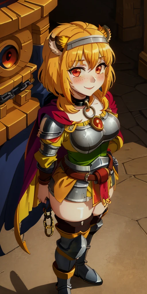 Masterpiece, (flat black background:1.2) solo, detailed face, intricate iris, thick lips, robot girl, (gold and white skin), realistic illustration of a (cyborg girl), (RED eyes), IvoryGoldAI, (freckles),(holding BREATHTAKING:1.2), (gold and white armor:1.2), (looking at viewer:1.2), parted lips, standing straight symmetrical, looking at viewer, lustful smirking smile face red blushed red cheeks, thick thighs, thigh highs, thigh, boots, armor, armored boots, full body armor, bikini armor, big breastplate, pauldron, bracers, leather black choker, tiger claws gloves, short bob white haircut, helmeted, metal shoulders, red long loincloth, longest blue cape reach to the waist, shackles and chains wristbands