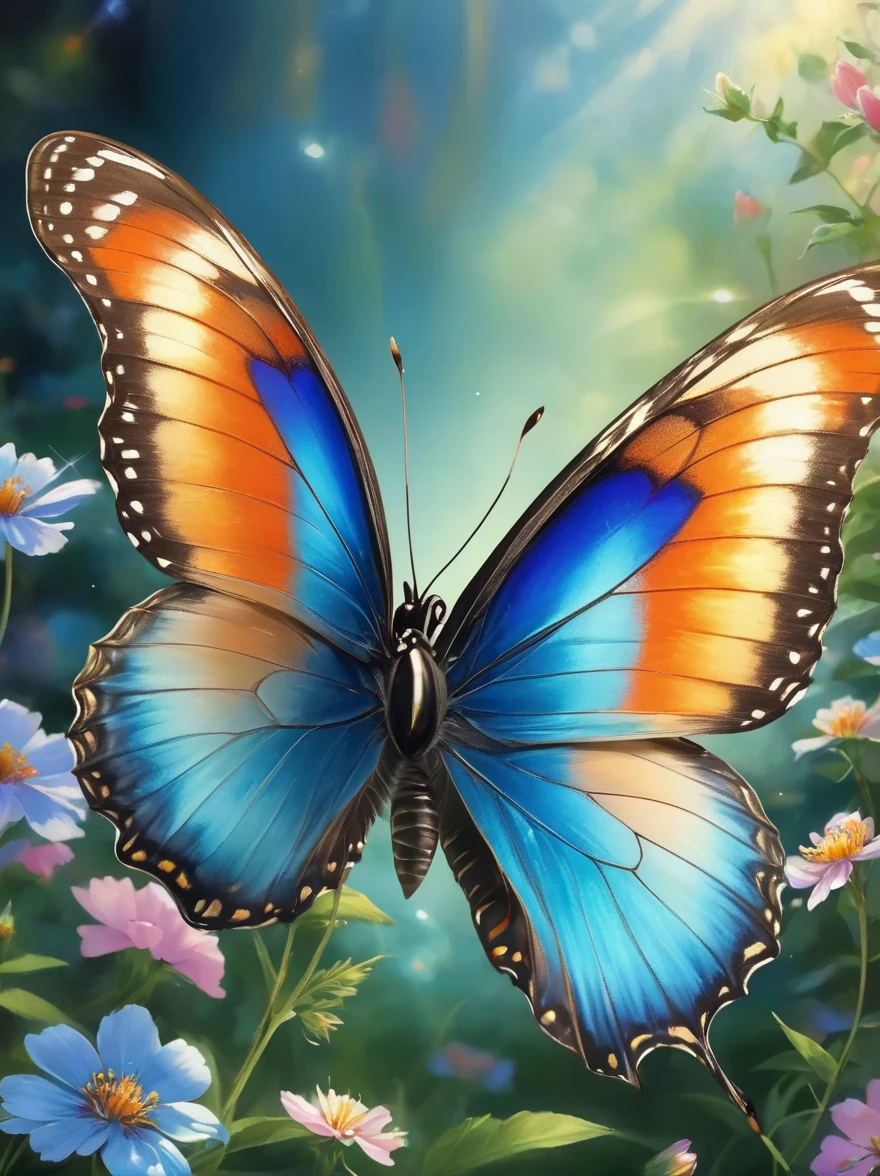 Imagine a stunning butterfly，Its wings spread out，Showing dazzling colors，The upper sides of the wings feature a vibrant mix of blue hues，The lower side is a charming mixture of orange and，This delicate creature is delicately perched on a blooming garden flower，The contrast between the vividness of the butterflies and the soft tones of the flowers creates a spectacle of natural beauty.，Subtle sunlight filtering through the scene，Zooming in on the iridescence of a butterfly&#39;s wings，Makes the whole scene breathtaking