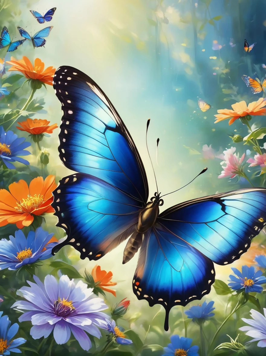 Imagine a stunning butterfly，Its wings spread out，Showing dazzling colors，The upper sides of the wings feature a vibrant mix of blue hues，The lower side is a charming mixture of orange and，This delicate creature is delicately perched on a blooming garden flower，The contrast between the vividness of the butterflies and the soft tones of the flowers creates a spectacle of natural beauty.，Subtle sunlight filtering through the scene，Zooming in on the iridescence of a butterfly&#39;s wings，Makes the whole scene breathtaking