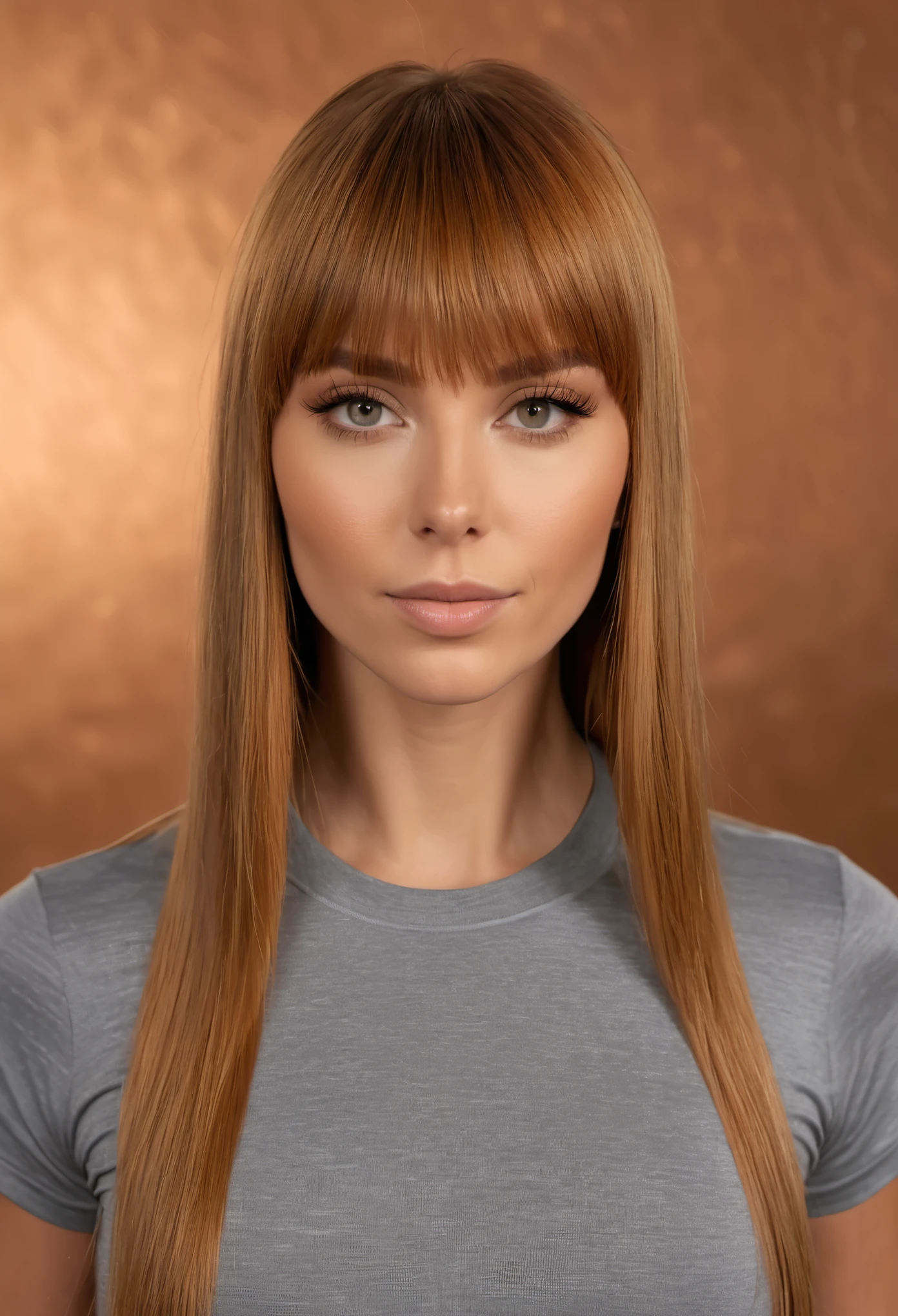 ASMR American 29yo woman, portrait, wearing grey athletic shirt, smooth shape, copper background, long brushed honey-colored hair with long bangs over eyes, professional, 4k, 55mm lens, facing front