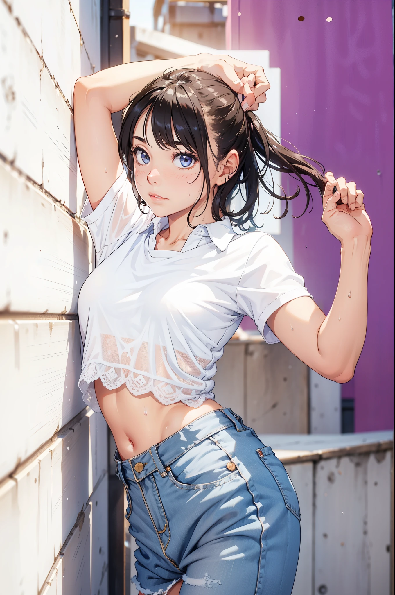 girl, sweat, medium breast, shy, detailed hand, looking at viewer, dynamic shadows, slight smile