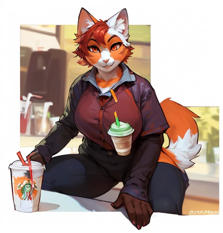 ((nsfw, A female anthropomorphic orange and white cat with red short hair and orange eyes drinking a smoothie in my right hand, in a Starbucks coffee shop)), hentai, , anthro, solo, tall, shortstack , angle, looking at viewer, background, extremely detailed, photorealistic, 3d render, high quality digital art, smug grin, detailed eyes ,henati , good anatomy, good perspective, towards viewer, by bebebebebe, by sicklyhypnos, by gerkk, by orf, (by by cutesexyrobutts, by darkgem, by zackary911, (by by singafurian, by daftpatriot, sassy, cute, early 20s, detailed face, handsome, slightly chubby , face, detailed mouth, hentai style, nsfw, show off, close up, A female anthropomorphic orange and white cat with red short hair and orange eyes drinking a smoothie in my right hand, in a Starbucks coffee shop