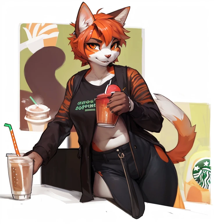 ((nsfw, A female anthropomorphic orange and white cat with red short hair and orange eyes drinking a smoothie in my right hand, in a Starbucks coffee shop)), hentai, , anthro, solo, tall, shortstack , angle, looking at viewer, background, extremely detailed, photorealistic, 3d render, high quality digital art, smug grin, detailed eyes ,henati , good anatomy, good perspective, towards viewer, by bebebebebe, by sicklyhypnos, by gerkk, by orf, (by by cutesexyrobutts, by darkgem, by zackary911, (by by singafurian, by daftpatriot, sassy, cute, early 20s, detailed face, handsome, slightly chubby , face, detailed mouth, hentai style, nsfw, show off, close up, A female anthropomorphic orange and white cat with red short hair and orange eyes drinking a smoothie in my right hand, in a Starbucks coffee shop