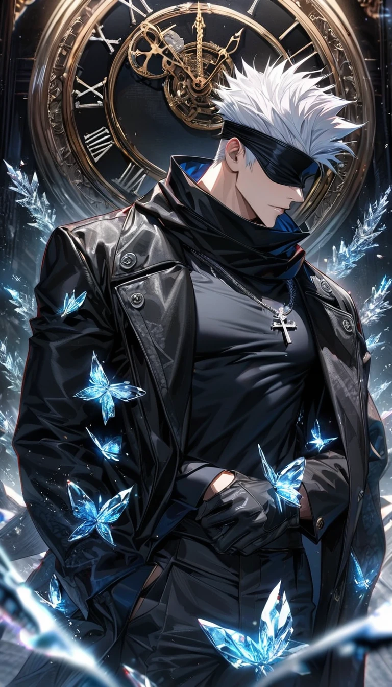Ultra detailed, Highres, HDR, absurdres, master piece, Gojou Satoru, white hair, blindfolded eyes, black scarf, black leather long coat with patterns, black tight shirt, sexy man, extremely handsome, solo, extremely detailed face, Jujutsu Kaisen, cross silver necklace, black gloves, clock, glittering ice, ice glittering butterflies, ice flowers,