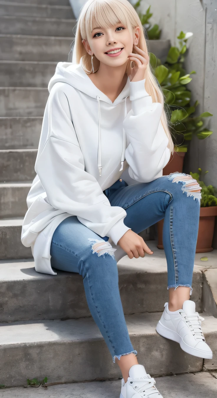 highest quality, Realistic, Very detailed, The finer details, High resolution, 8k wallpaper, One beautiful woman,Sit on the stairs、 Oversized hoodie, Skinny jeans, White sneakers, Platinum Blonde Hair, hairstyle semi long、Beautiful Bangs、Ear piercing、smile、Beautiful teeth alignment、Perfect dynamic composition, Beautiful and detailed, Full Body Shot, A big smile